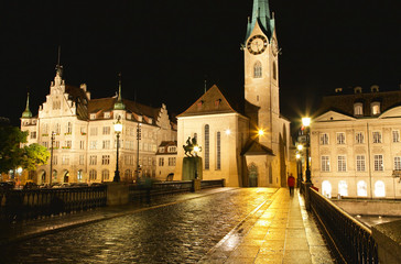 The night view of the Fraumunster church in Zurich Switzerland