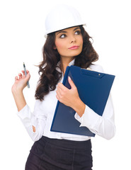 Portrait of beautiful architect woman isolated on white