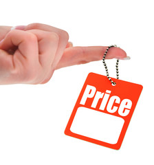 hand holding blank price tag,