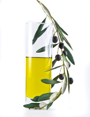 Glass of olive oil and olive branch