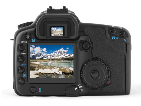 Back of digital photo camera with photo of Matterhorn