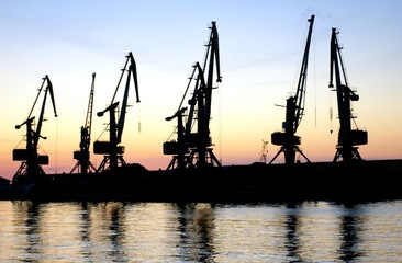 The Seaport on background evening sky after sundown.