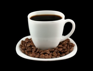 White cup of coffee with coffee grains