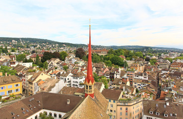 The aerial view of Zurich cityscape from the Grossmunster