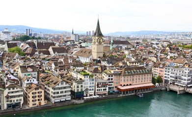 Fototapeta na wymiar The aerial view of Zurich cityscape from the Grossmunster
