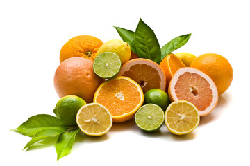 Miscellaneous citrus fruits on white background