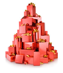 pile of red gift boxes in the shape of tree