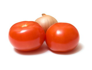 tomato and onion isolated on white