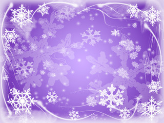 Fototapeta na wymiar white snowflakes over violet background with feather corners
