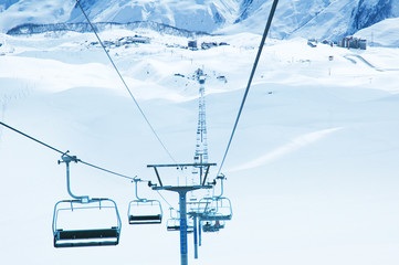 Ski lifts on the bright winter day