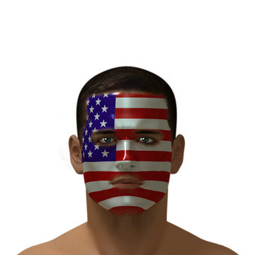 Portrait of a male with a American flag painted on his face.