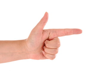 Woman pointing hand isolated on white background