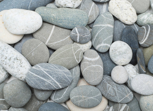 Smooth Tumbled Gray River Stones With White Stripes Stock Photo - Download  Image Now - iStock