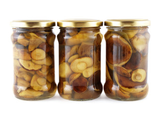 canned mushroom and pickles close up on white