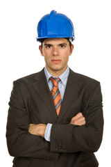 An engineer with blue hardhat, isolated on white