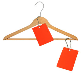 coat hanger and two blank price tags on white