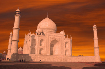 Taj Mahal on the fire sunset, India, Agra