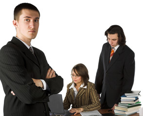 Three young businessmen on white isolated background