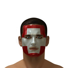 Portrait of a male with a Swiss flag painted on his face.
