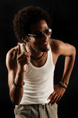 Portrait of young trendy african man with raised finger