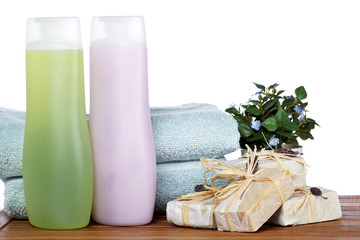 Bath accessories on wooden background. Shallow DOF