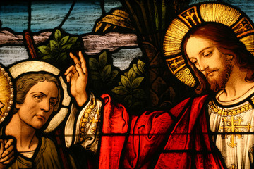 Stained glass showing Jesus blessing a man - 10011374