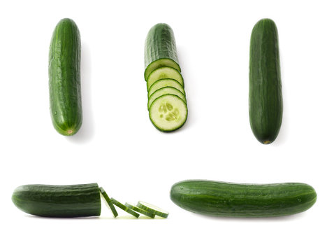 Cucumber on many ways. Composition on white background