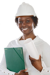 Woman engineer with one plane on a over white background