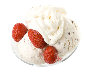 Ice-cream with a strawberries in a glass on a white background.