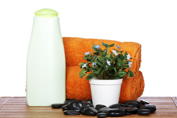 Bath accessories on wooden background. Shallow DOF