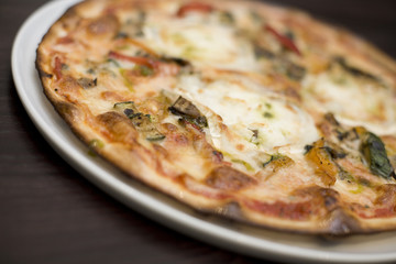 A Turkish style Goats cheese and roasted vegetable pizza