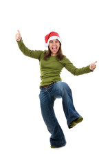 funny santa woman with green shirt isolated on white