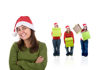 Young santa woman with her friends holding presents