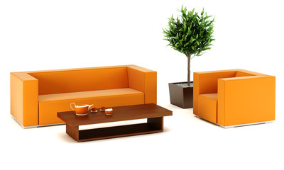 3d interior with modern couch and plant