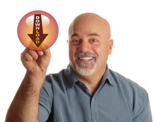 bald man pointing at button that says download