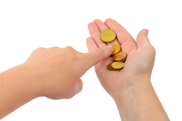 Hands counting money isolated on white background