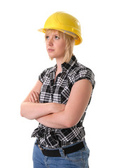 young construction lady in hard hat, isolated on white