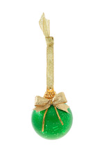 Green Christmas bauble with bow ribbon on white background