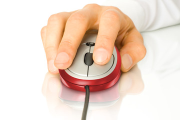 modern red computer mouse with hand