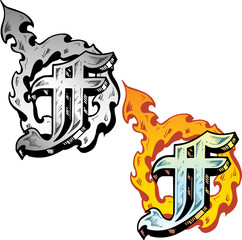 Tattoo style letter F with relevant symbols incorporated