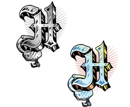 Tattoo style letter H with relevant symbols incorporated