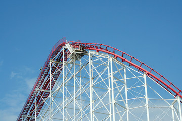 A Metal roller coaster against blue sky