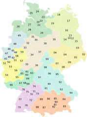 Postleitzahlen Deutschland, zweistellig, in Farbe