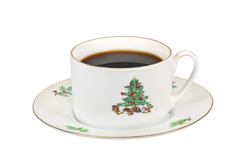 Christmas cup and saucer with coffee isolated on white