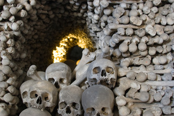 Skulls blocking the entrance to a tunnel made of bones