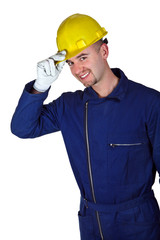 young caucasian worker heavy industry background