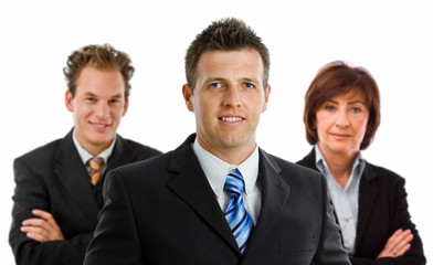 Team portrait of smiling business people, white background.
