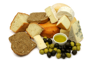 Cheese, bread and olives isolated on white