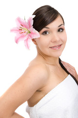 attractive brunette woman with flower