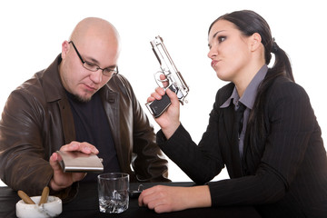man and woman with gun. over white background